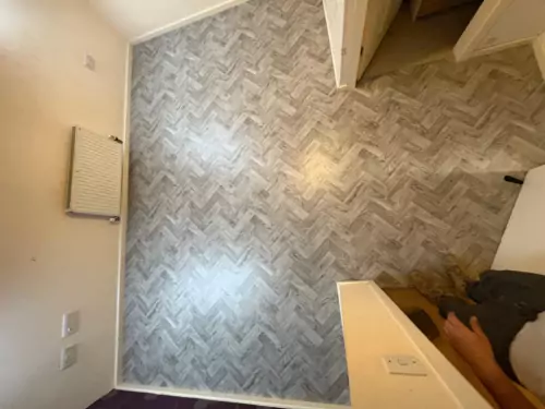 Aerial view of installed vinyl flooring